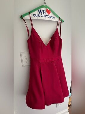 Jovani Crimson V-Neck Spaghetti Strap Mini Dress Red